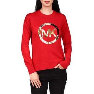 Michael Michael Kors Oversized Cotton Metallic-Logo Top - Dark Red, Size Medium